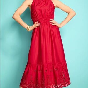 NWT-Talbots Eyelet Halter Fit and Flare Red Midi Dress-Size 8P